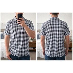 Collars & Co Dress Collar Polo Mens Small Blue White Gingham Short Sleeve Shirt